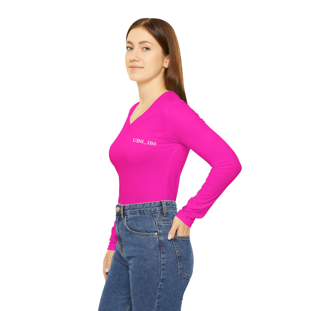 Women's V-Neck Long Sleeve Tee — Hot Pink 'UBG_IBG' Sleeve Logo