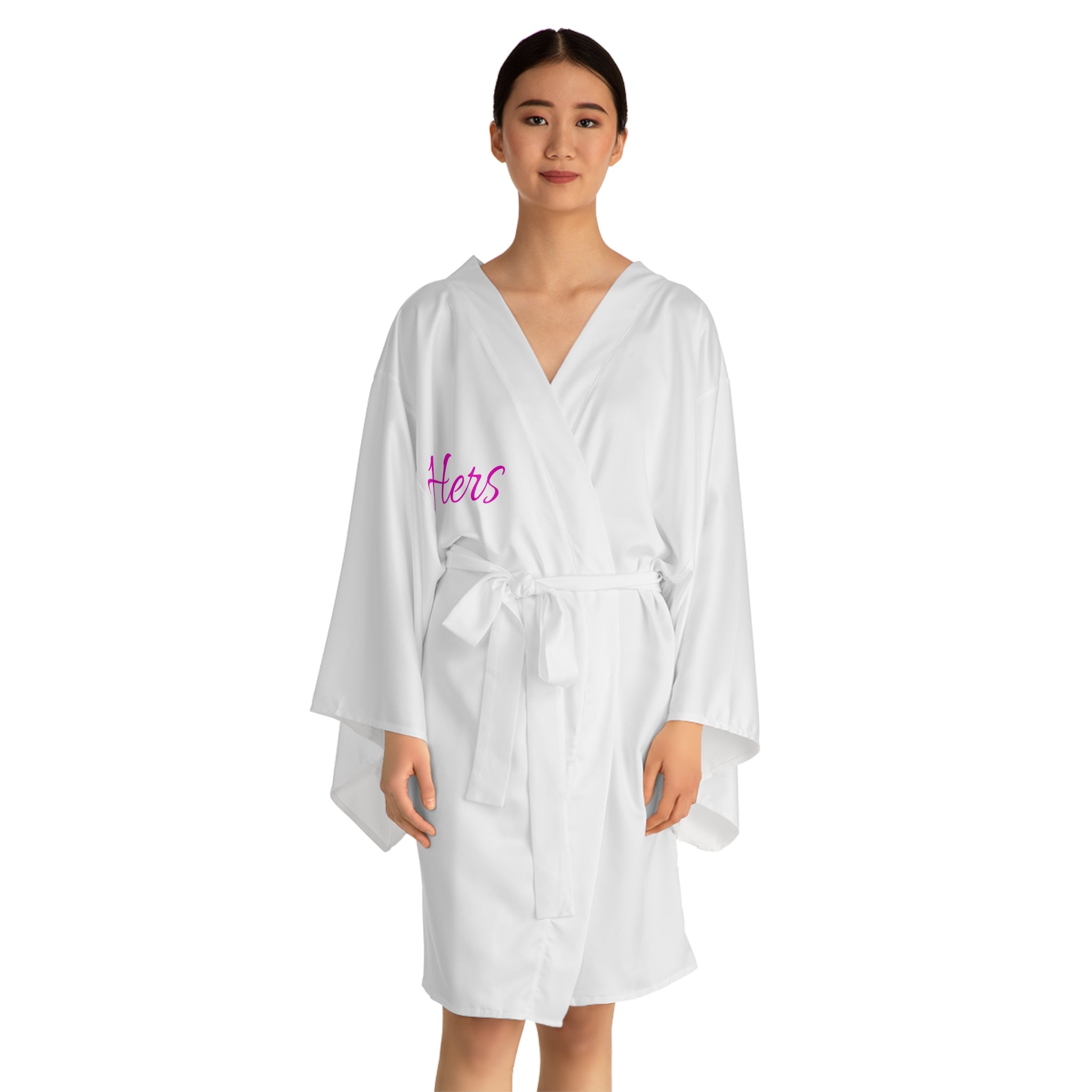 Kimono Robe — White Long Sleeve Kimono with Pink Script "UB6_IB9"