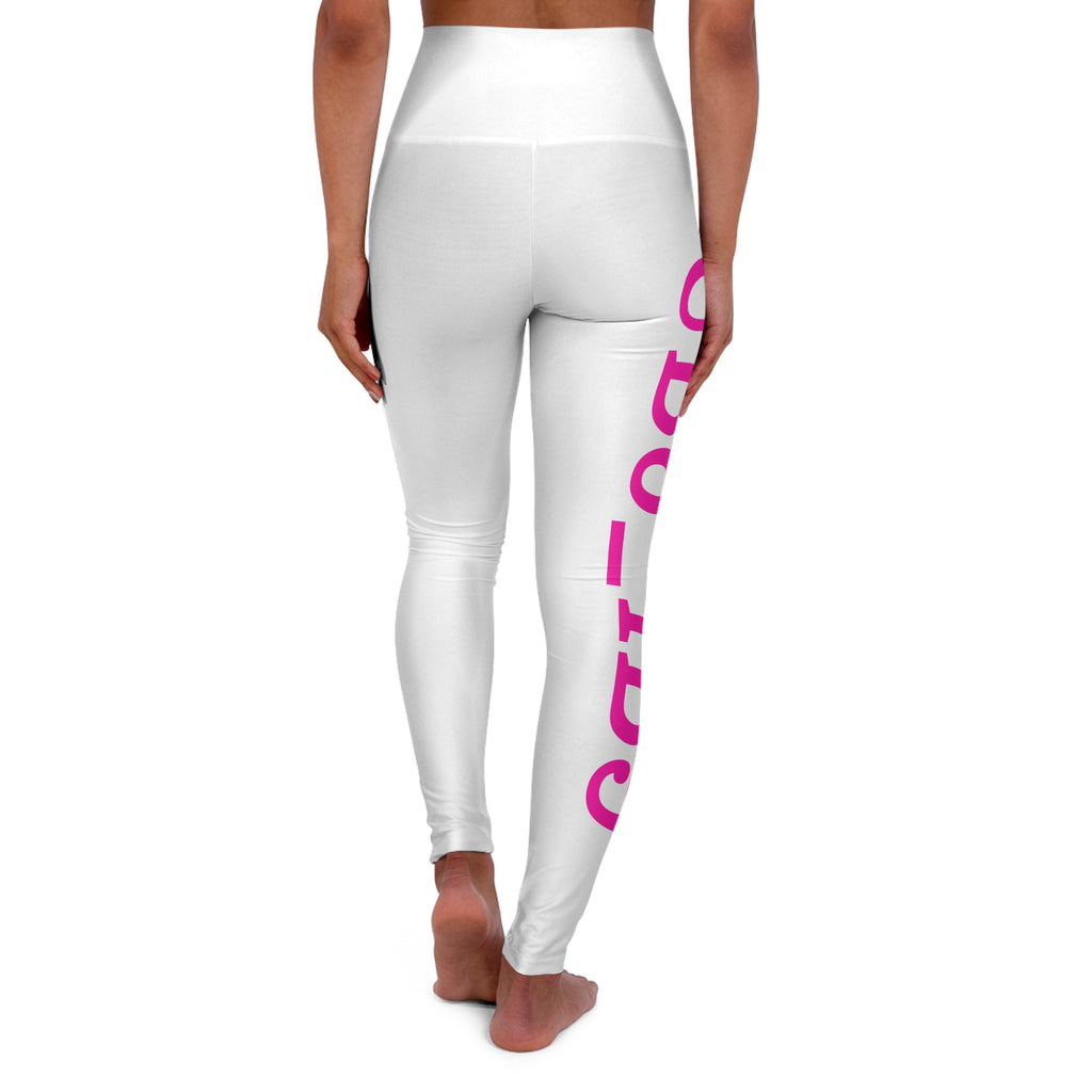 High-Waisted Yoga Leggings — White AOP with Pink Side Text