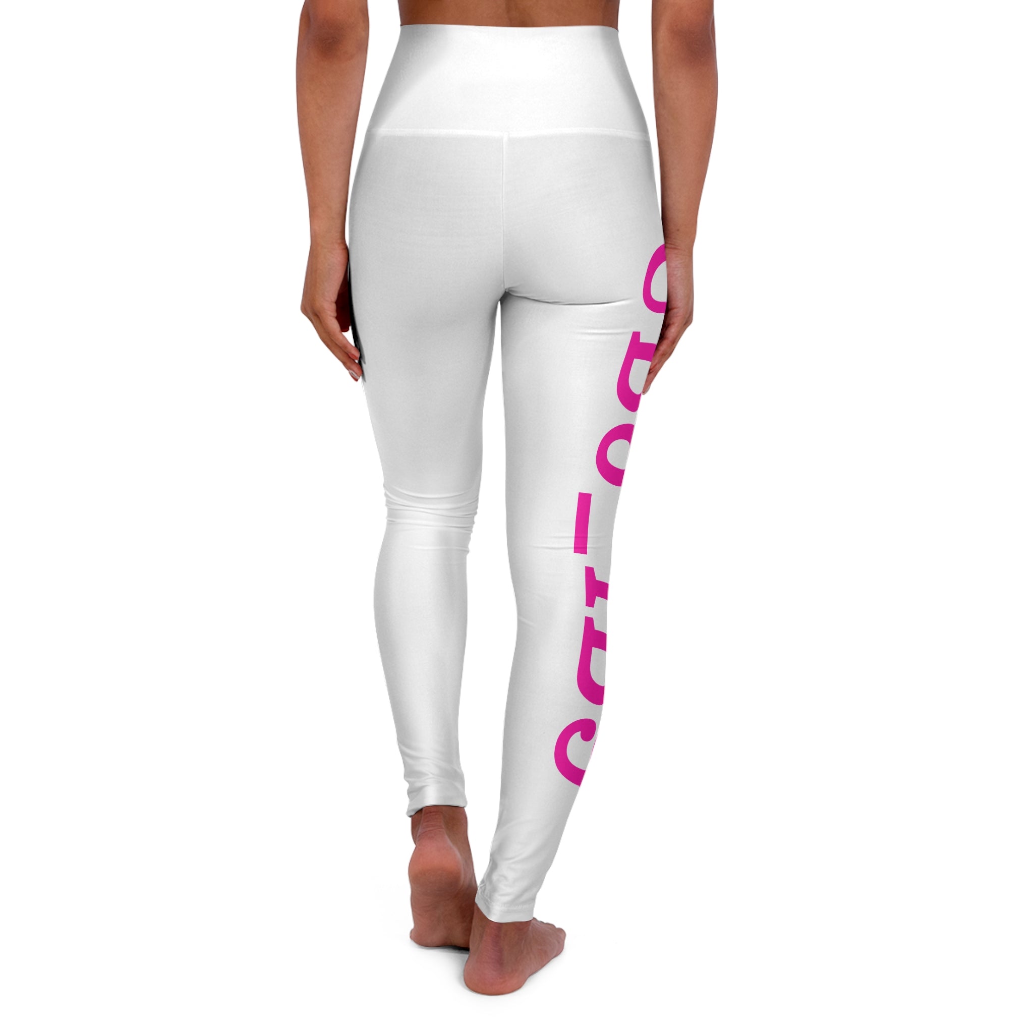 High-Waisted Yoga Leggings — White AOP with Pink Side Text