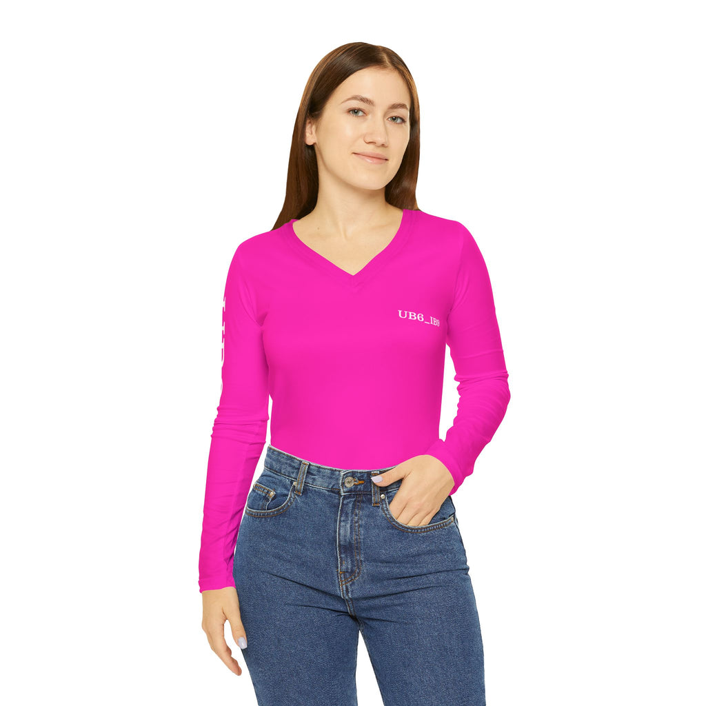 Women's V-Neck Long Sleeve Tee — Hot Pink 'UBG_IBG' Sleeve Logo