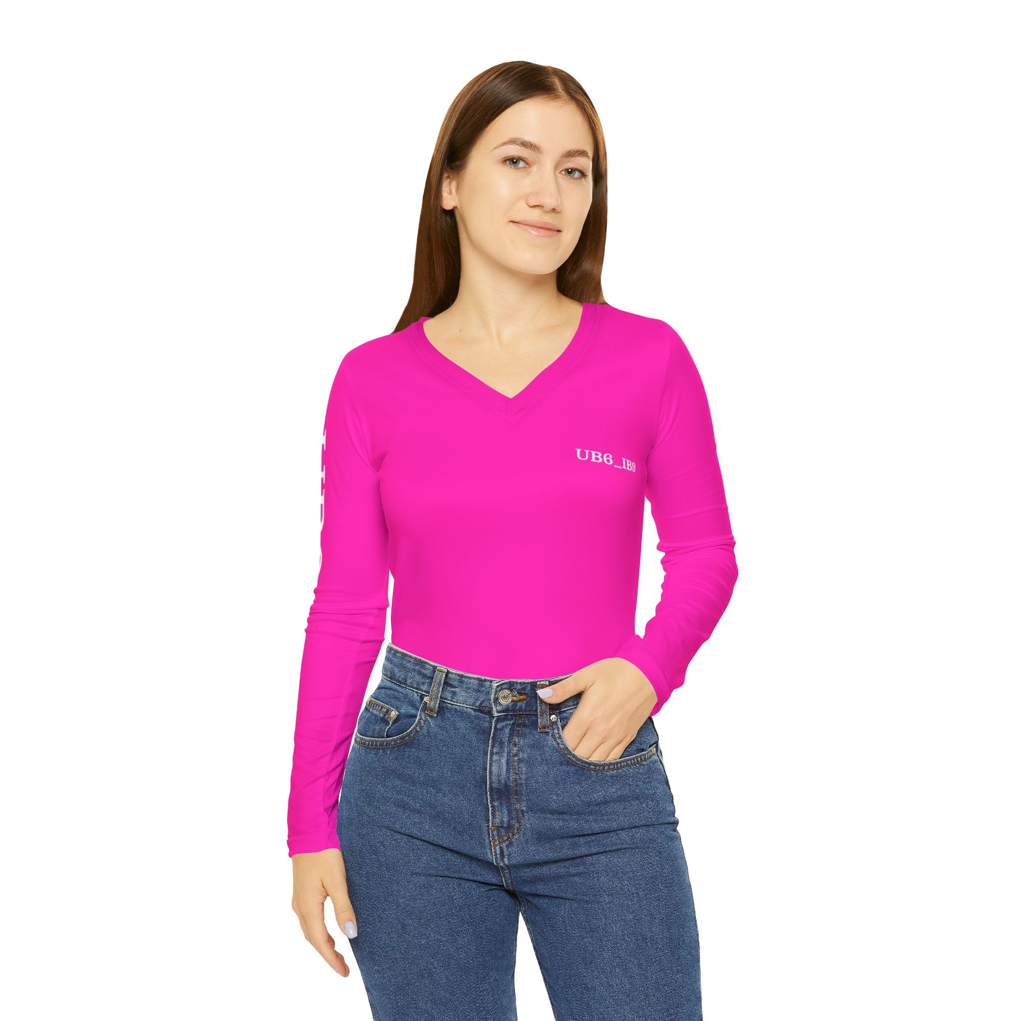 Women's V-Neck Long Sleeve Tee — Hot Pink 'UBG_IBG' Sleeve Logo