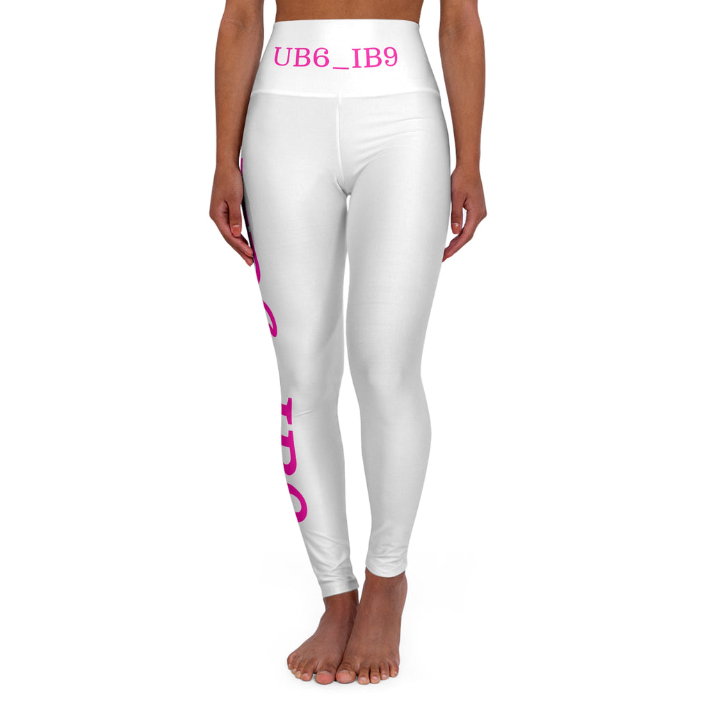 High-Waisted Yoga Leggings — White AOP with Pink Side Text