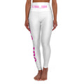 High-Waisted Yoga Leggings — White AOP with Pink Side Text