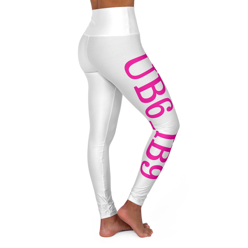 High-Waisted Yoga Leggings — White AOP with Pink Side Text