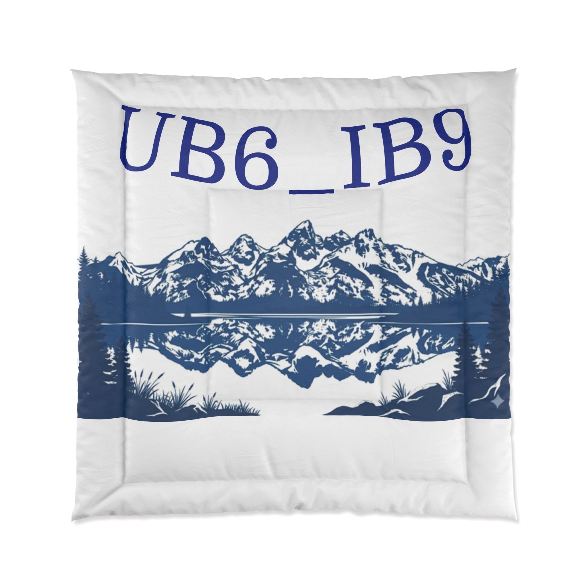Mountain Lake Comforter with UB6_IB9 Text — Scenic Blue Alpine Bedding