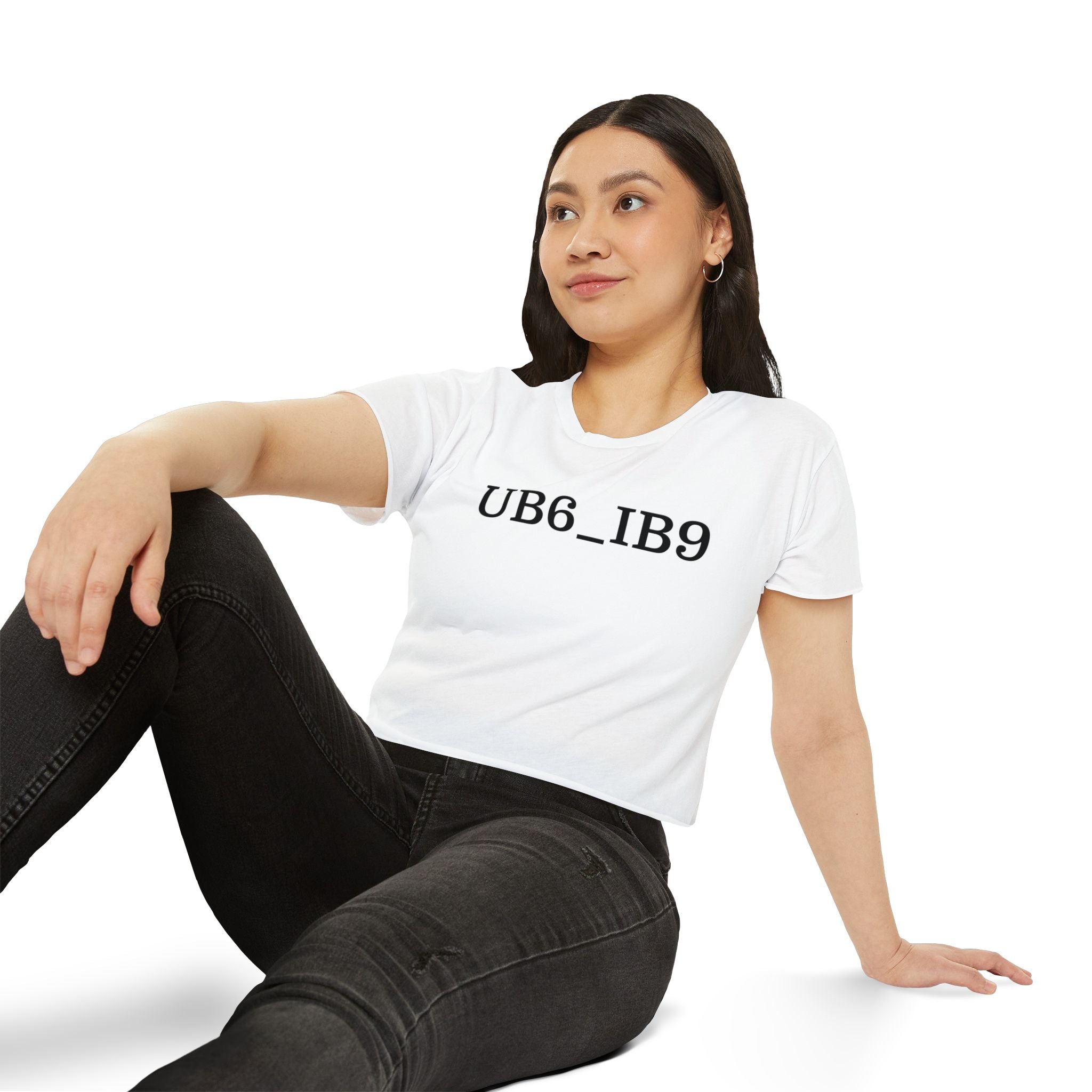 White Crop Top with 'UB6_IB9' Minimalist Graphic — Women's Festival Tee