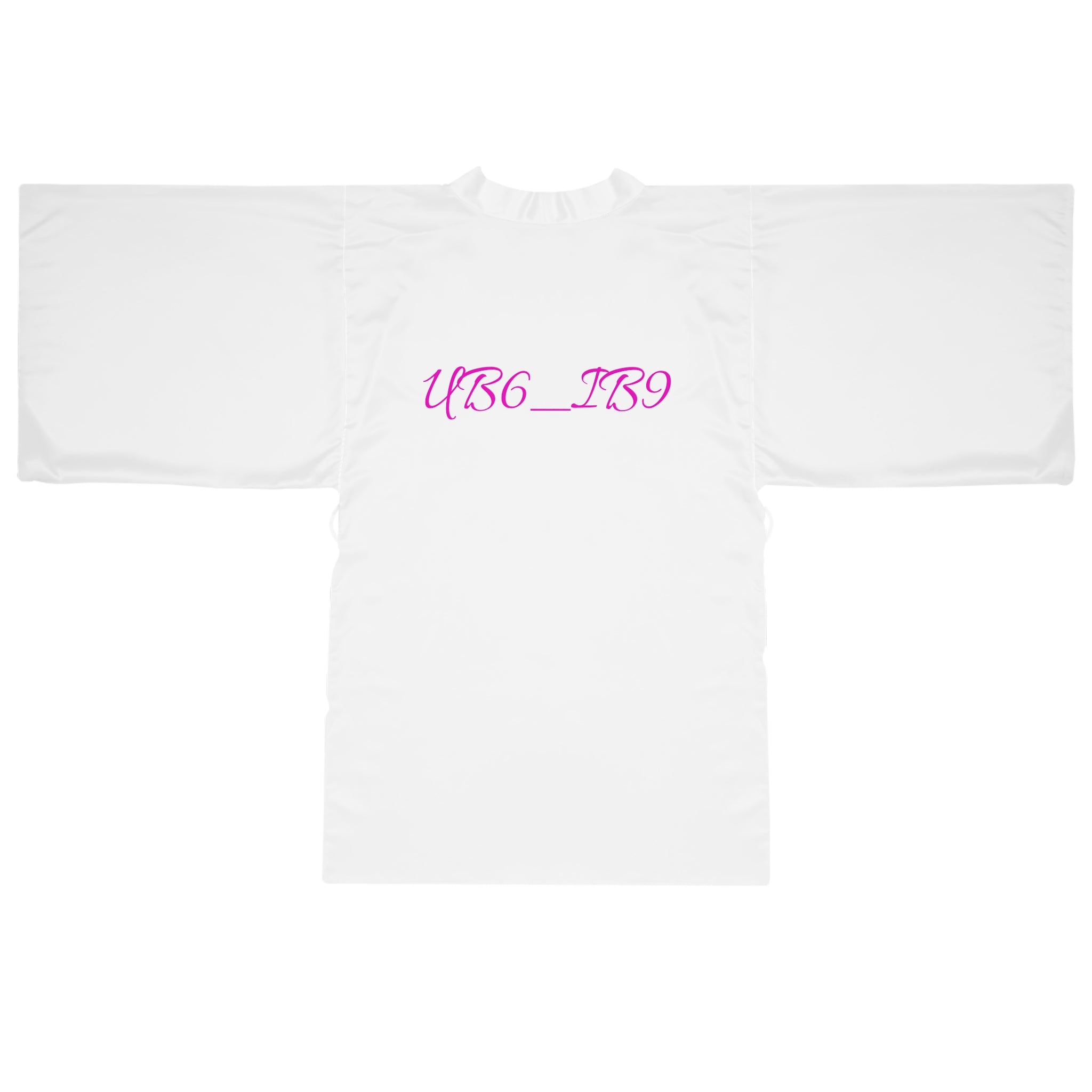 Kimono Robe — White Long Sleeve Kimono with Pink Script "UB6_IB9"