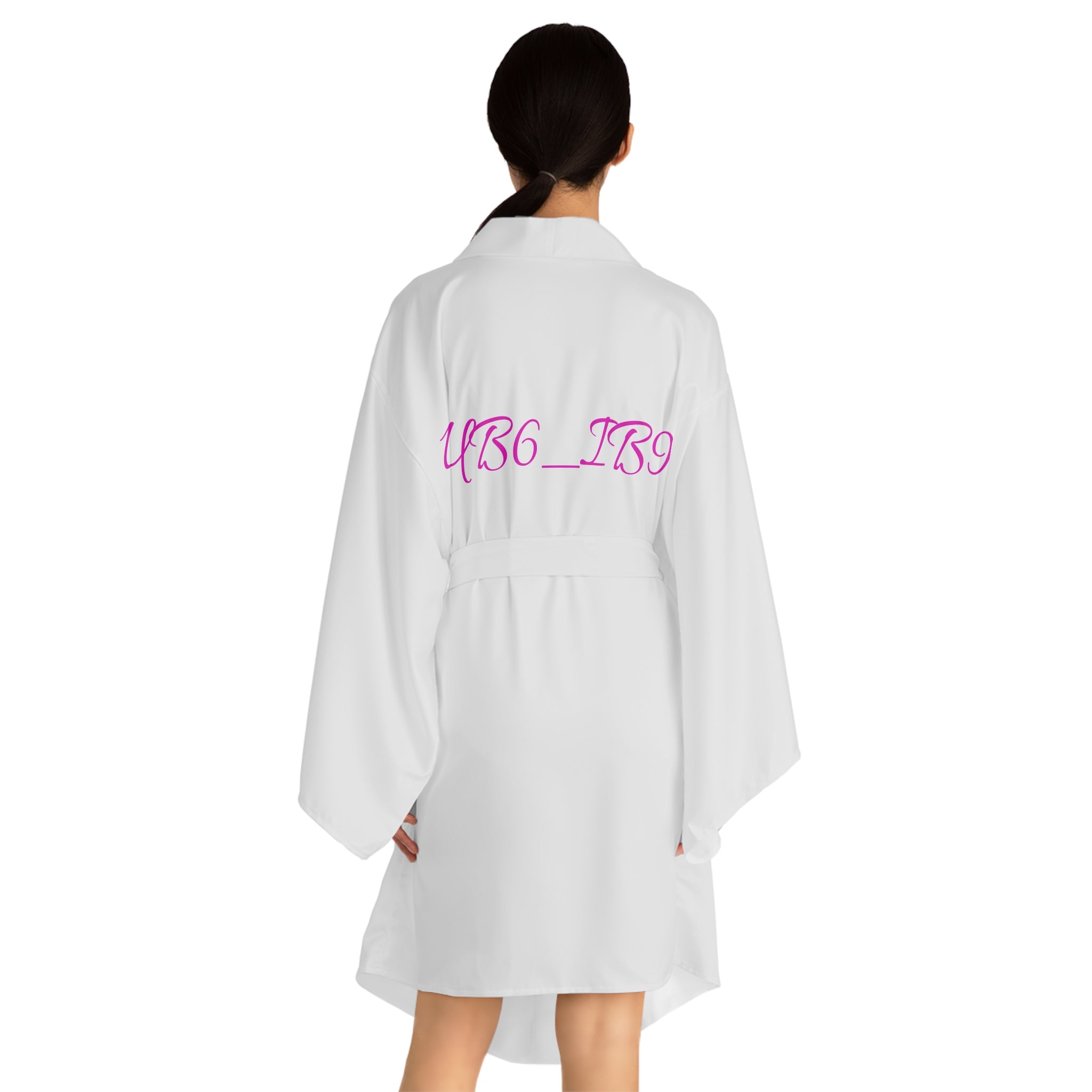 Kimono Robe — White Long Sleeve Kimono with Pink Script "UB6_IB9"