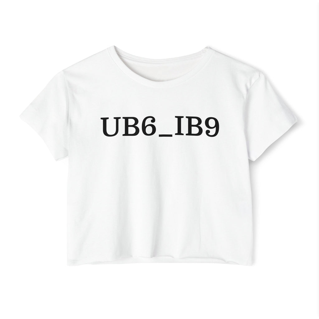 White Crop Top with 'UB6_IB9' Minimalist Graphic — Women's Festival Tee