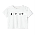 White Crop Top with 'UB6_IB9' Minimalist Graphic — Women's Festival Tee