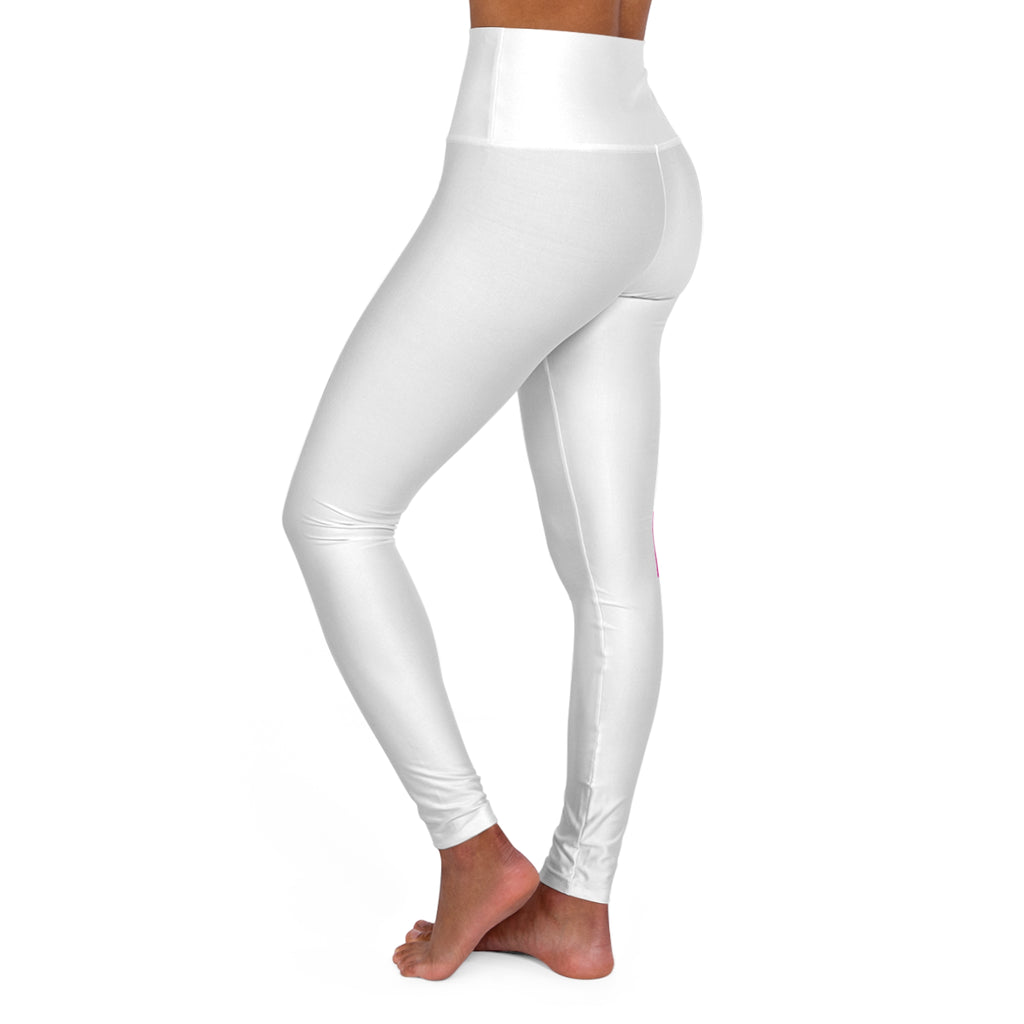 High-Waisted Yoga Leggings — White AOP with Pink Side Text