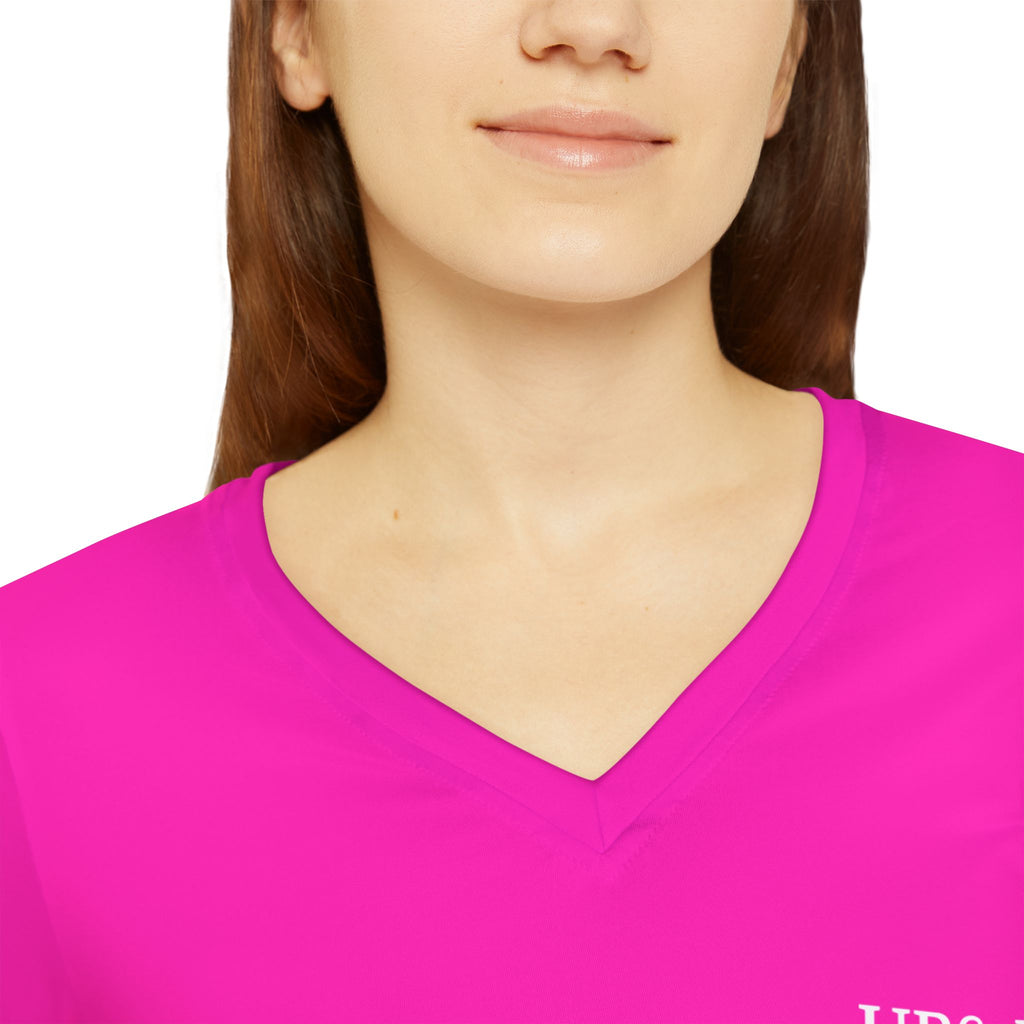 Women's V-Neck Long Sleeve Tee — Hot Pink 'UBG_IBG' Sleeve Logo