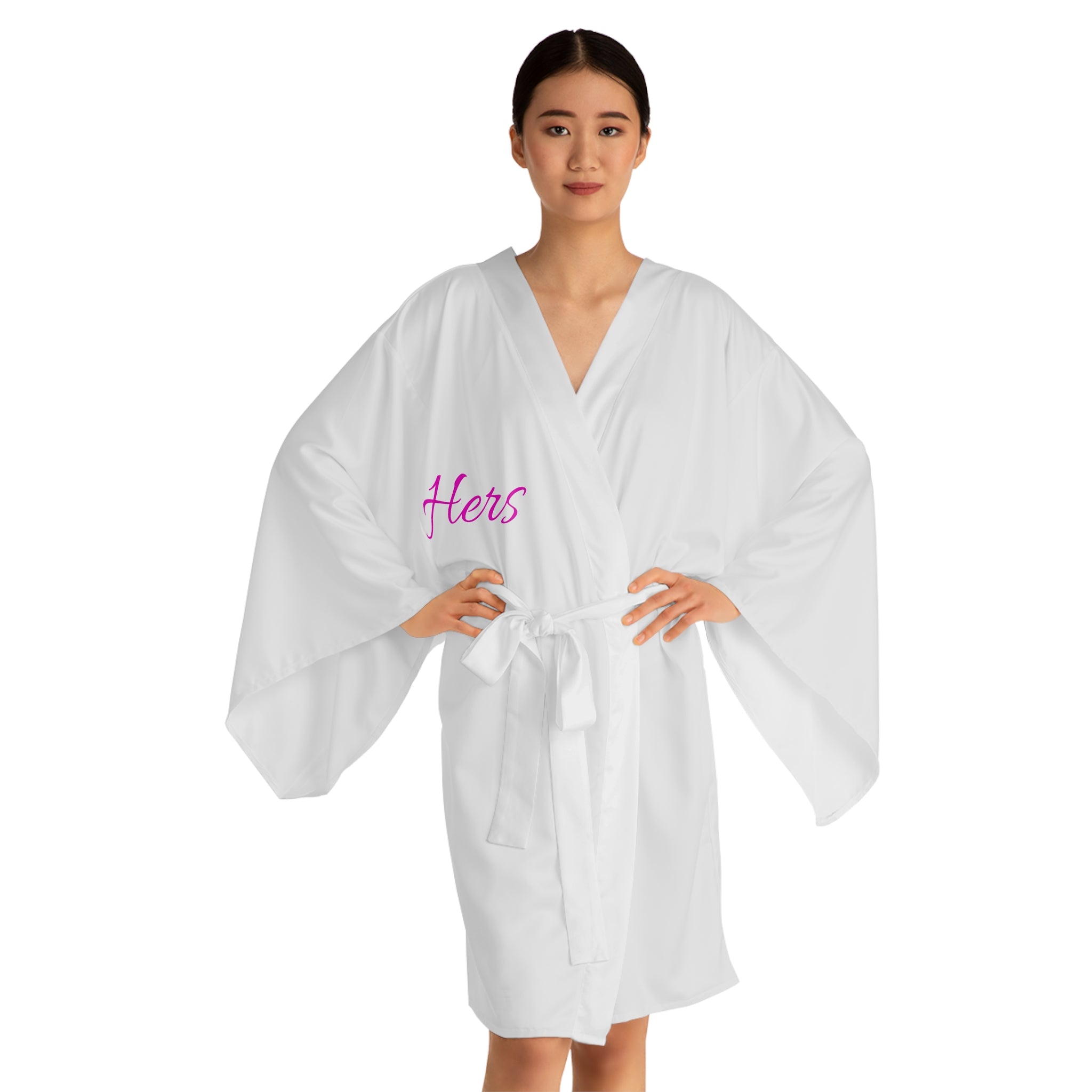 Kimono Robe — White Long Sleeve Kimono with Pink Script "UB6_IB9"